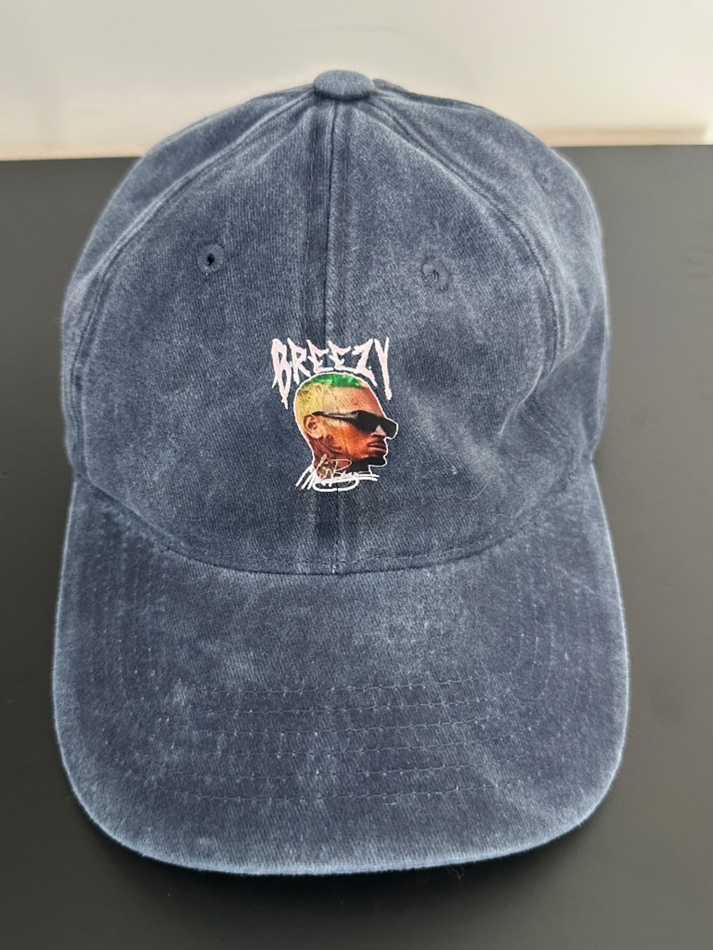Chris Brown Breezy Graphic Distressed Denim Baseball Hat One Size Blue